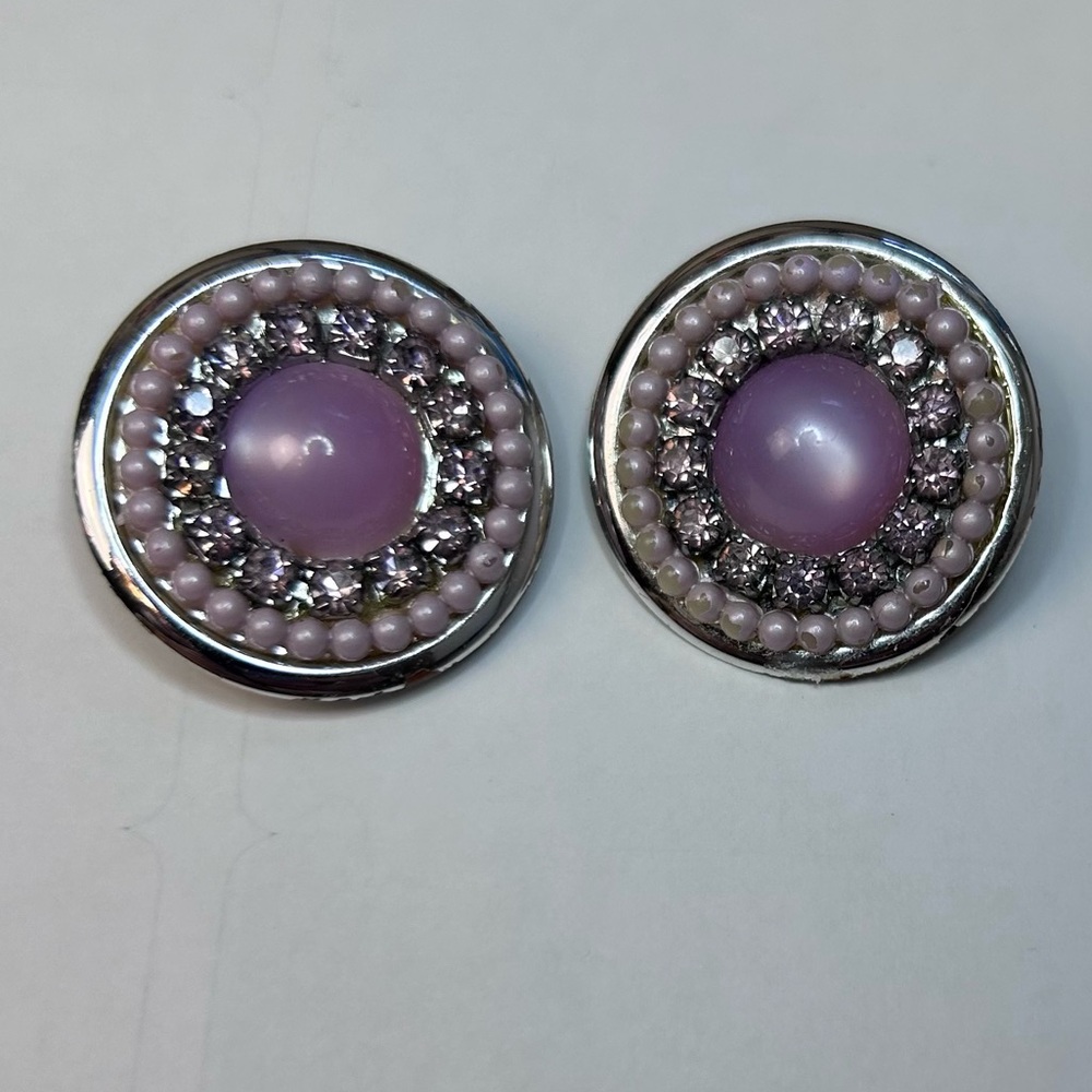 Costume jewelry Round clips on‎ earrings pink white pearls with rhinestones - Picture 3 of 10